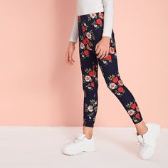 Цветочные леггинсы с эластичной талией для девочек Shein