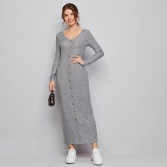 Вязаное однобортное платье в рубчик Shein