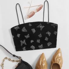 Бархатный топ с блестящим рисунком бабочек Shein