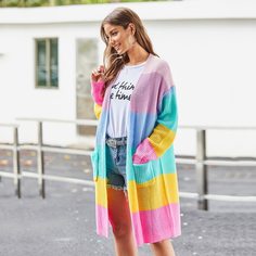 Радужный Полосатый Кардиган С Карманом Shein