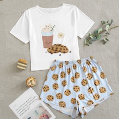 многоцветный Мультяшный принт милый Пижама Shein