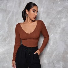 Однотонная короткая футболка с v-образным воротником Shein