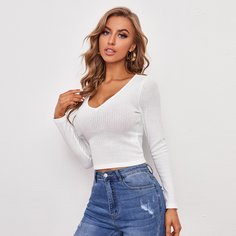 Трикотажная короткая футболка с v-образным воротником Shein