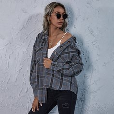 Блуза в клетку со спущенным рукавом Shein