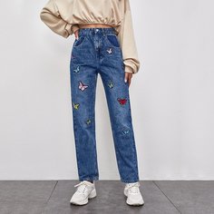 Прямые джинсы с вышивкой бабочки и карманом Shein