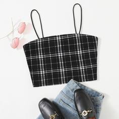 Укороченный топ в клетку на подтяжках Shein