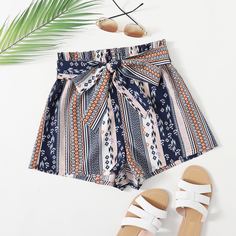 Пояс сводка цветных блоков Бохо Шорты Shein