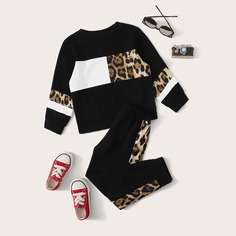 Контрастный леопардовый свитшот и спортивные брюки для девочек Shein