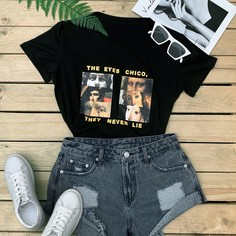 Чёрный Лозунг Повседневный Размер плюс футболка Shein