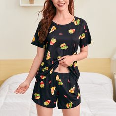 Чёрные Принт всего тела милый Пижама Shein