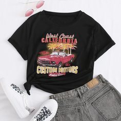 Чёрный Текст Повседневный Футболки Shein