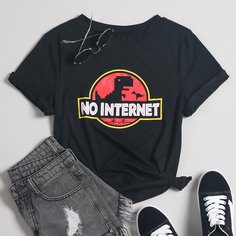 Чёрный С карикатурой Повседневный Футболки Shein
