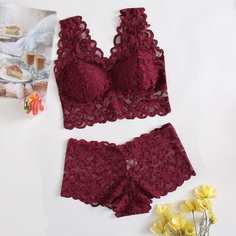 с фестонами Одноцветный Элегантный Комплект нижнего белья Shein