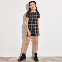 Платье в клетку с разрезом для девочек Shein