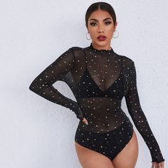 Сетчатое прозрачное боди с узором звезды без нижнего белья Shein