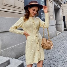 Однобортный Одноцветный Повседневный Платья-свитеры Shein