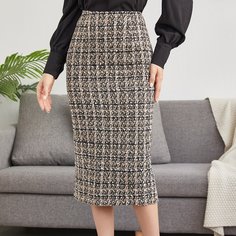 Твидовая юбка в клетку с разрезом сзади Shein