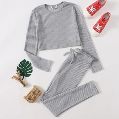 Вязаный кроп топ и леггинсы в рубчик для девочек Shein