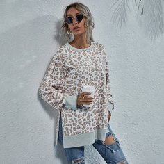 Свитшот с разрезом и леопардовым принтом Shein