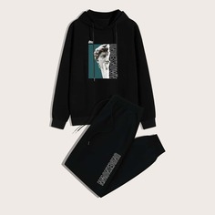 Мужская толстовка с текстовым принтом на кулиске и джоггеры Shein