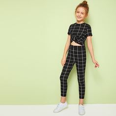 Топ в клетку и леггинсы для девочек Shein