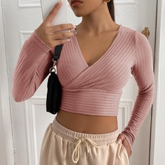 Вязаная кроп футболка в рубчик Shein