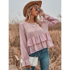 С оборками Одноцветный милый Блузы Shein