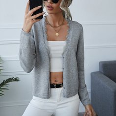 Контрастные кружева Одноцветный Повседневный Кардиганы Shein