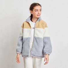 Контрастное плюшевое пальто с молнией для девочек Shein