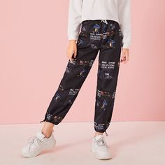 Брюки со смешанным принтом и карманом для девочек Shein