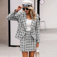 твидовый двубортный пиджак в клетку Shein