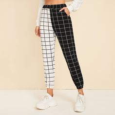 Двухцветные брюки в клетку с карманом Shein