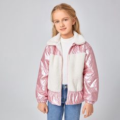Стеганая куртка на молнии с плюшевым воротником для девочек Shein