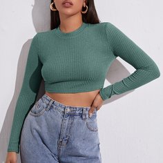 Кроп вязаная футболка в рубчик Shein