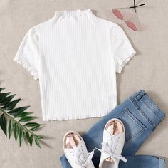 Волнистый край Одноцветный Повседневный Футболки Shein