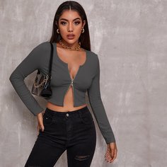 Вязаный кроп топ в рубчик с молнией Shein