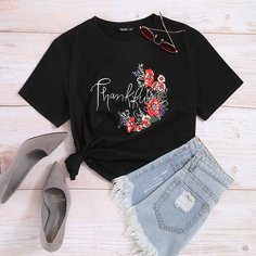 буква Повседневный Футболка размера плюс Shein