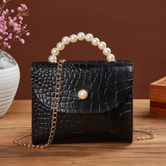 Сумка-сэтчел с крокодиловым узором и искусственными жемчугами Shein