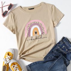 С карикатурой Повседневный Футболки Shein