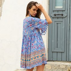 с бахромой Цветочный принт Бохо Платье Shein