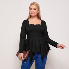Асимметричный Одноцветный Элегантный Футболка размера плюс Shein