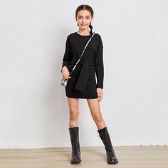 с поясом Одноцветный Повседневный Платья для девочек Shein
