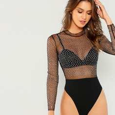 Боди С Прозрачным Верхом И Стразами Shein