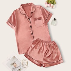 Контрастая атласная пижама с карманом Shein