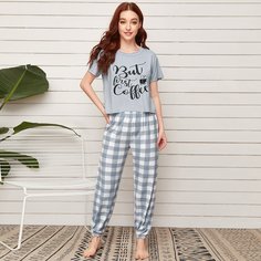 Пижама в клетку с текстовым принтом Shein