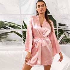 Атласный ночной халат с поясом Shein