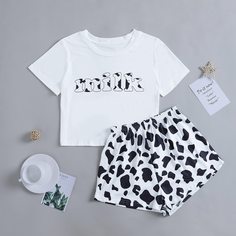 Чёрнобелые Животный принт милый Пижама Shein