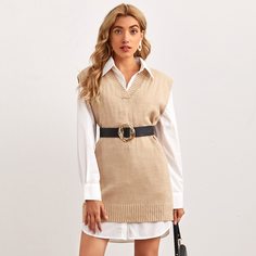 Одноцветный Повседневный Платья-свитеры Shein