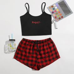Пижама в клетку с текстовым принтом Shein