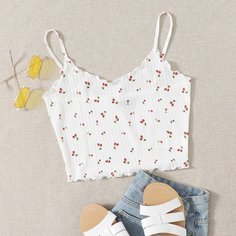 Топ на бретелях с отделкой салатом-латук и вишневым рисунком Shein